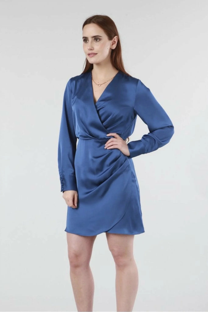 Blue Satin Pleated Wrap Front Dress Double Second