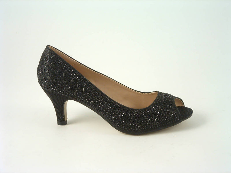Glitz Shoes Divine Glitter Diamante Mid Heel Peep Toe Court Shoe Glitz Shoes