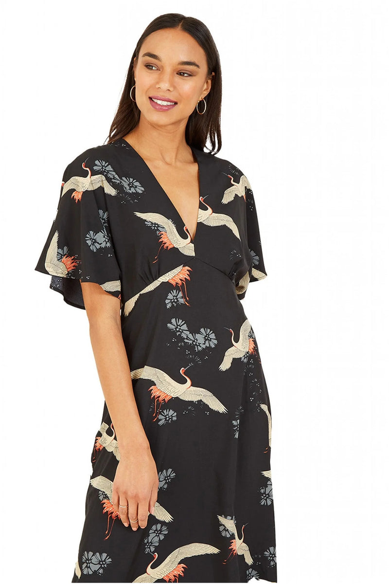 Black Crane Print Midi Dress Yumi