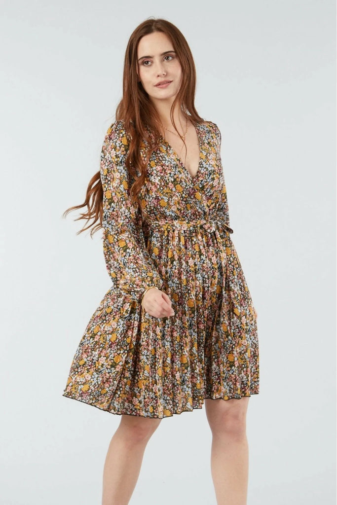Mix Col Pleated Wrap Dress Double Second