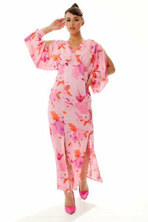 Floral Print Maxi Dress In Pink With Sleeve Slits Liquorish